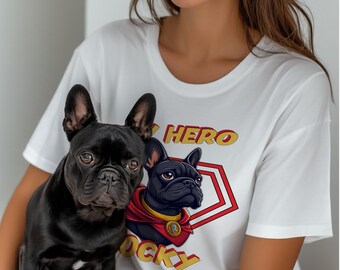 May include: White t-shirt with a cartoon French Bulldog in a red cape and gold text reading "HERO ROCKY". A real black French Bulldog is in the foreground, creating a playful contrast.