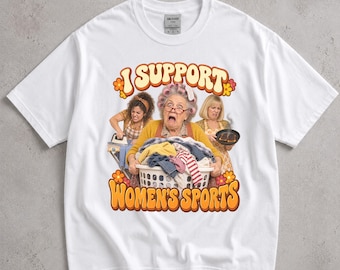 I Support Women's Sports Shirt, Laundry Granny Collage Tee, Groovy 70s Housework Graphic T-Shirt, Funny Adult Humor Gift