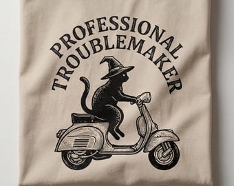 Silly Animal Mental Shirt: Mischievous Cat Scooter Art - Hand Carved Linocut, Muted Tan Background, Adult Humor Tee