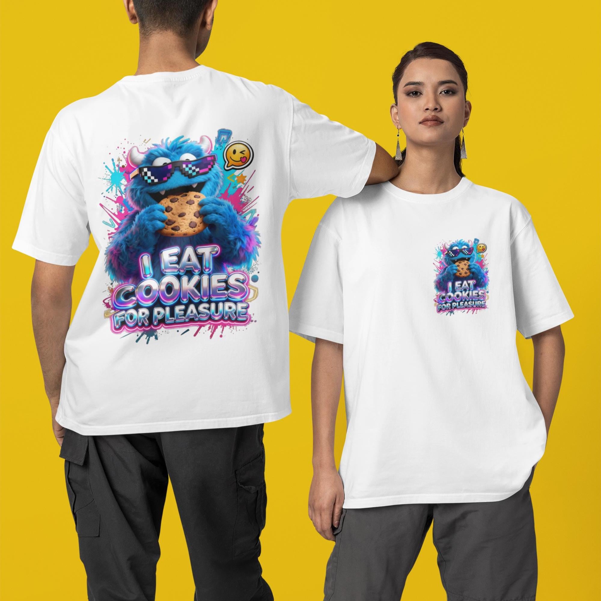 クッキーを食べる喜びTシャツ：ユーモラスなクッキーモンスターの 
