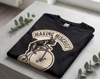 French Bulldog Shirt: Retro Penny Farthing Bicycle Design - Vintage Woodcut Style, Soft Cotton, Unisex Casual Wear