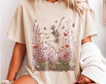 Botanical Dancing Skeleton Shirt, Wildflower Garden Graphic Tee, Vintage Nature Art, Cottagecore Gothic Halloween Gift