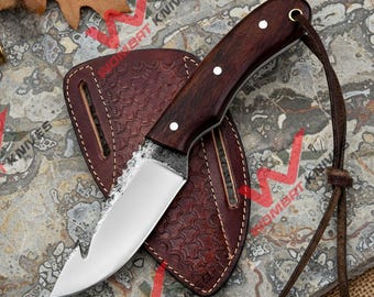 Handmade Gut Hook Hunting Knife, High Carbon Steel, Rosewood Handle with Leather Sheath