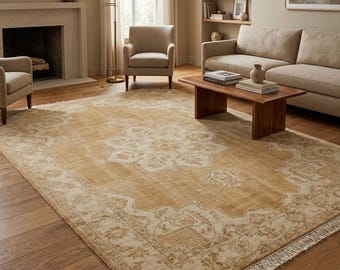 Hand Knotted Oushak Rug Neutral Beige Vintage Medallion Wool Area Carpet
