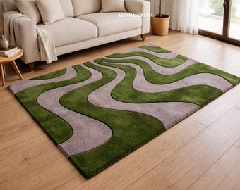 Hand Tufted Wool Area Rug, Abstract Wavy Pattern Carpet, Contemporary Living Room Home Decor