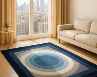 Hand Tufted Wool Rug | Modern Blue Circle Carpet | Living Room Area Rug