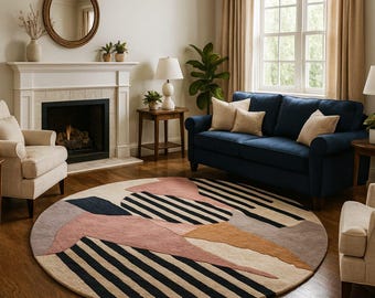Hand Tufted Round Rug | Modern Abstract Design Carpet | Striped & Color Block Wool Rug | Luxury Living Room Area Rug | Handmade Floor Decor