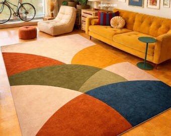 Modern Abstract Hand Tufted Wool Rug, Color Block Area Rug, Contemporary Curved Design Carpet for Living Room, Luxury Handmade Rug