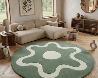 Alfombra redonda tejida a mano, alfombra abstracta de flores verde salvia, alfombra de lana de forma orgánica, alfombra minimalista moderna, decoración escandinava para sala de estar