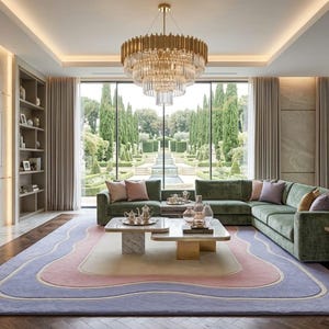 May include: A living room featuring a large green sectional sofa, two tiered square coffee tables with marble and gold bases, and a rectangular area rug with wavy layers of purple, pink, and cream. A gold tiered chandelier hangs above.