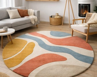 Hand Tufted Round Wool Rug – Abstract Modern Area Rug | Scandinavian Living Room Rug | Colorful Contemporary Carpet | Modern  Boho Decor