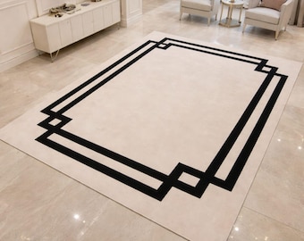 Tufted Border Rug, Black Cream Hand Tufted Wool Rug, Minimalist Frame Design Carpet, Contemporary Luxury Area Rug, Art Decor Style Rug