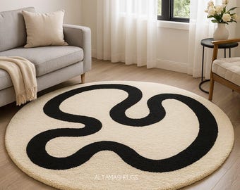Hand Tufted Wool Rug | Abstract Ivory & Black Area Rug | Luxury Area Carpet | Modern Rug | Minimalist Contemporary Floor Decor