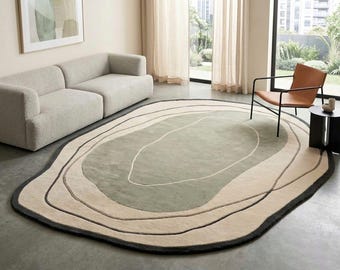 Hand Tufted Abstract Rug, Organic Shape Carpet for Living Room, Green Cream Modern Area Rug