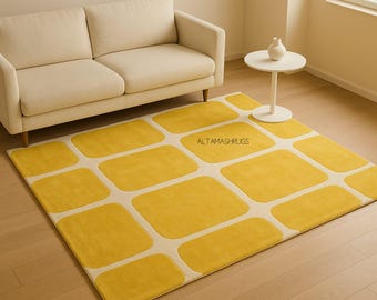 Hand-Tufted Wool Rug – Yellow Geometric Modern Area Carpet
