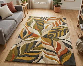 Hand Tufted Wool Rug – Botanical Leaf Area Carpet, Modern Jungle Style Décor