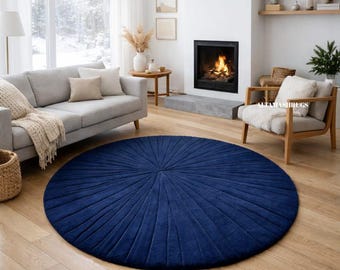 Navy Blue Round Hand Tufted Rug – Modern Minimalist Scandinavian Area Rug, Plush Handmade Wool Carpet for Living Room, Bedroom Round Rug