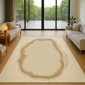 Hand Tufted Wool Rug – Ivory White & Beige with Brown Outline – Modern Neutral Area Carpet, New Zealand Wool.