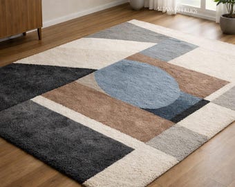Alfombra geométrica cuadrada moderna, alfombra de lana tejida a mano / Alfombra abstracta gris y blanca, alfombra contemporánea para sala de estar, dormitorio y decoración del hogar.