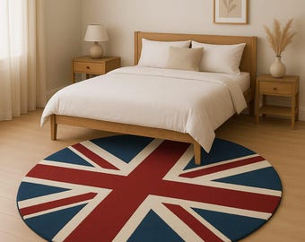 Round British Flag Rug – Hand Tufted Union Jack Area Rug, Modern UK Flag Carpet, Wool Bedroom Decor, Custom Size Rug