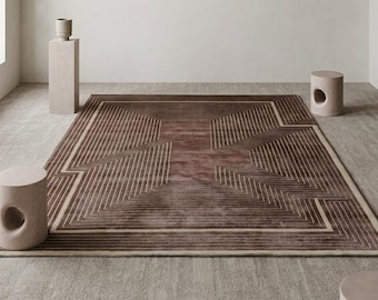 Modern Brown Hand Tufted Wool Rug, Geometric Area Rug, Luxury Contemporary Carpet, Abstract Minimalist Living Room Rug, Handmade Wool Rug