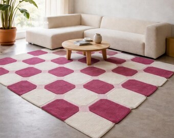 Hand Tufted Rug, Pink  Rug, Modern Checkered Area Rug, White Base Contemporary Carpet, Custom Size Living Room Rug, Soft Wool Rug