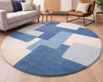 Hand Tufted Round Wool Rug – Modern Blue Geometric Area Rug – Scandinavian Abstract Carpet for Living Room, Bedroom Decor