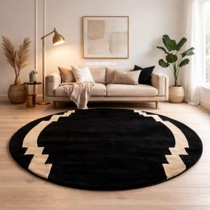 Modern Round Black Hand Tufted Wool Rug – Minimalist Geometric Area Rug, Luxury Contemporary Living Room Carpet, Custom Handmade Rug