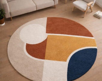 Round Abstract Hand Tufted Rug, Modern Geometric Circle Carpet, Scandinavian Wool Area Rug, Block Living Room Rug, Custom Size Home Decor