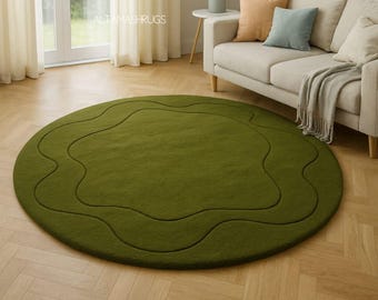 Hand Tufted Wool Round Rug • Olive Green Organic Line Carpet
