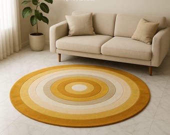 Hand Tufted Round Area Rug, Modern Geometric Circle Wool Rug, Scandinavian Minimal Living Room Bedroom Carpet Decor