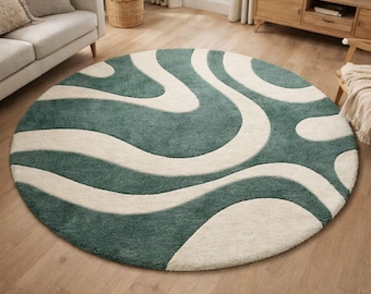 Hand Tufted Round Wool Rug – Sage Green & Ivory Abstract Wave Rug, Modern Minimalist Carpet, Soft Plush Area Rug, Contemporary Home Decor