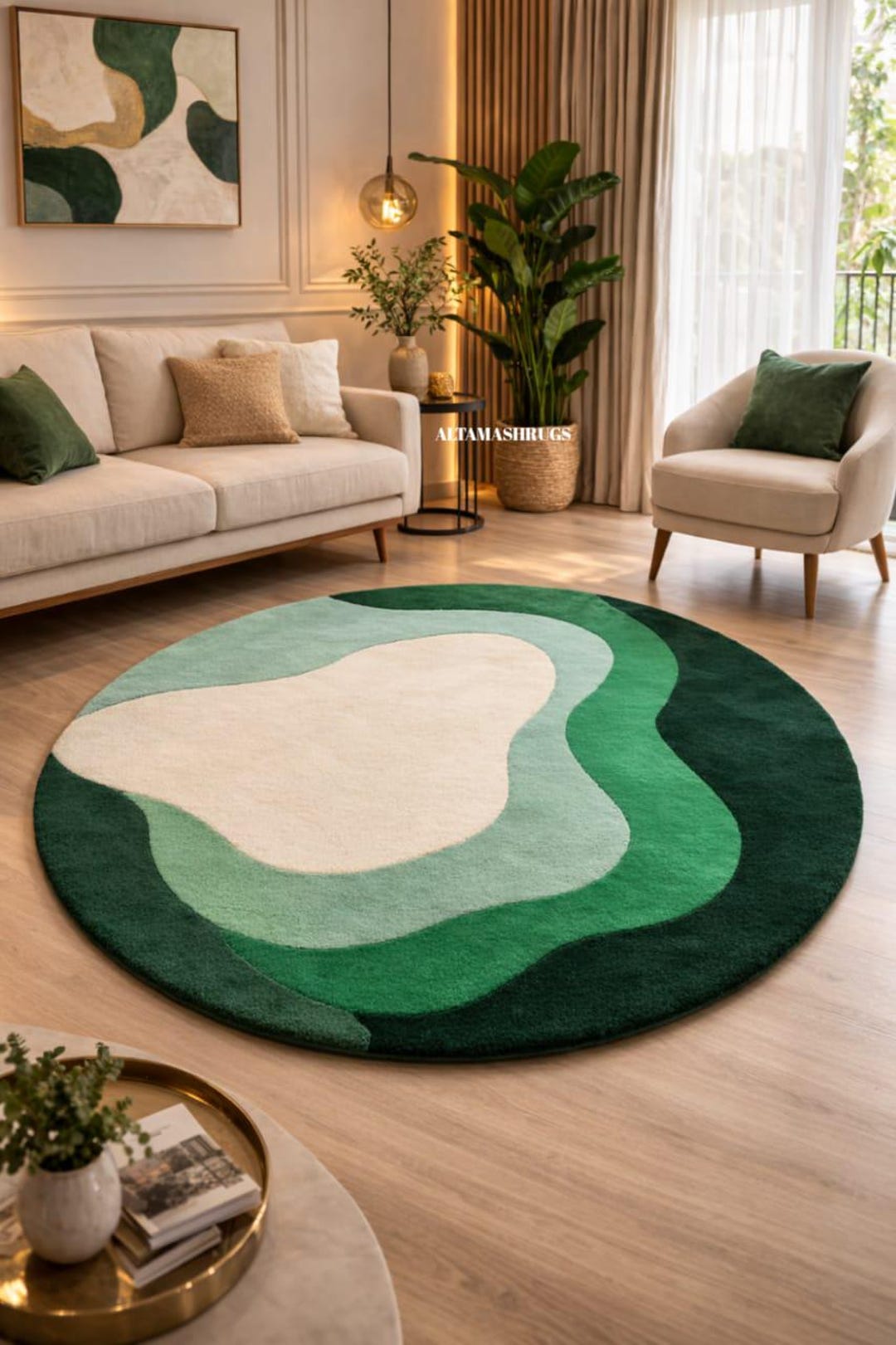 Rcc Rugs Abstract Green Round Rug' Hand Tufted Wool Rug, Modern Scandinavian ...
