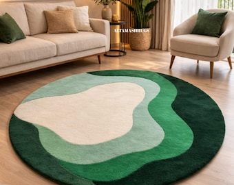 Abstract Green Round Rug' Hand Tufted Wool Rug, Modern Scandinavian Area Rug,Contemporary Minimalist Carpet, Luxury Handmade Living Room Rug