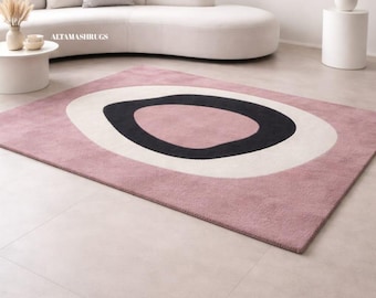 Hand Tufted Wool Abstract Rug, Pink Tufted Rug, Scandinavian Living Room Carpet