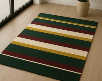 Modern Striped Handmade Wool Rug, Green Carpet, Contemporary Living Room Area Rug Decor
