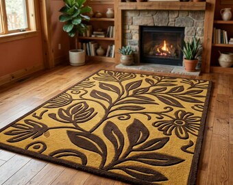 Alfombra de lana tejida a mano – Alfombra botánica floral en tonos marrón y mostaza / Alfombra moderna inspirada en la naturaleza para sala de estar y dormitorio.