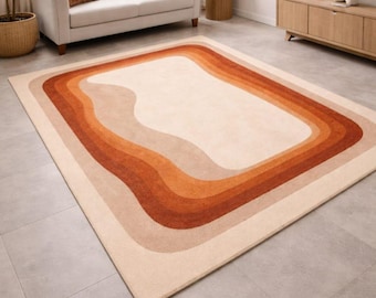 Modern Abstract Hand Tufted Wool Rug,Neutral Beige Rust Area Rug,Contemporary Organic Shape Carpet,Minimalist Living Room Rug,Customized Rug