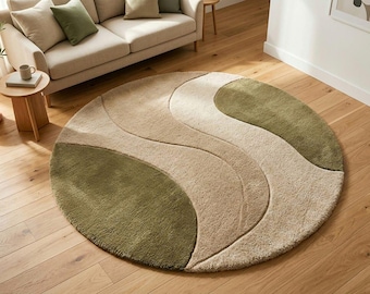 Alfombra redonda abstracta moderna, alfombra de lana tejida a mano, alfombra con diseño ondulado en tonos verde y beige neutros, alfombra circular escandinava, decoración para sala de estar.