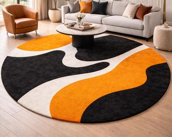 Hand Tufted Round Abstract Rug, Modern Black Orange Area Rug, Contemporary Wool Rug, Round Living Room Rug, Designer Carpet, Custom Size Rug