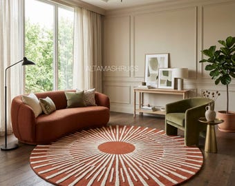 Terracotta Sunburst Rug, Round Hand Tufted Wool Rug, Rust Orange Circle Rug, Retro Boho Area Rug, Mid Century Modern Rug