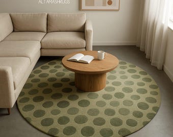 Sage Green Round Rug | Japandi Style Polka Topographic Round Carpet | Hand Tufted Wool Rug For Living Rooms and Cozy Boho Bedrooms