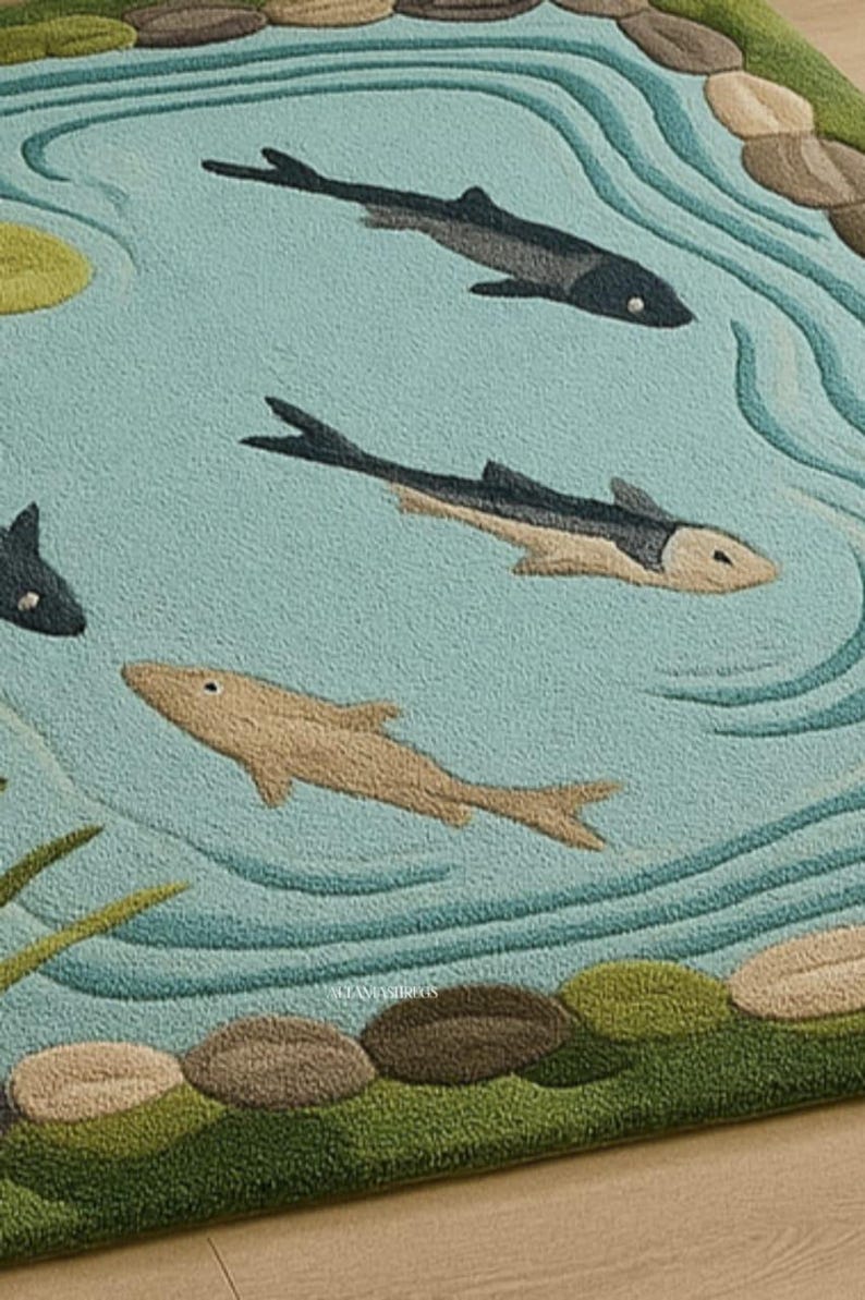 Outdoor Rugs With Fish Hand Tufted Pond Theme Rug | Fish Design Carpet | Kids Playroom or ...