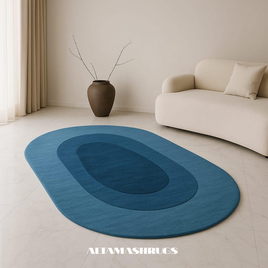 Layered Blue Rug Blue Gradient Layered Oval Wool Rug – Handmade Minimal Modern Carpet ...