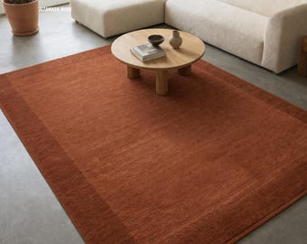 Alfombra de lana tejida a mano, alfombra minimalista color naranja óxido, alfombra moderna de color liso, alfombra de pelo grueso y mullido para sala de estar, alfombra hecha a mano de tamaño personalizado
