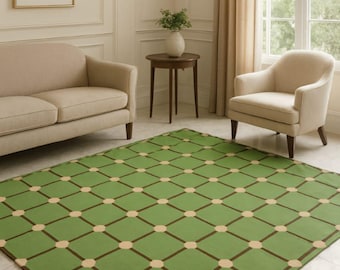 Handgetufteter Wollteppich: Grüner Geometrischer Gitter Teppich, Modernes Design aus Neuseeland Wolle