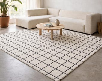 Alfombra minimalista de lana tejida a mano con diseño de cuadrícula / Alfombra geométrica cuadrada en blanco y negro / Alfombra moderna escandinava a cuadros para sala de estar