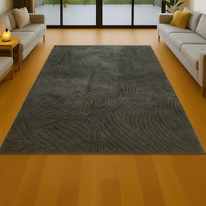 Hand Tufted Olive Green Wool Rug: Modern Minimalist Carved Texture