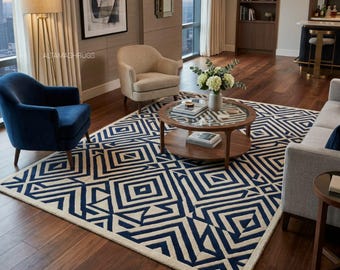 Geometric Maze Rug, Hand Tufted Wool Area Rug, Modern Designer Carpet,Ivory Blue Abstract Pattern Rug, Luxury Statement Living Room Rug