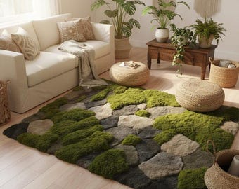 Hand Tufted Moss Rug, Organic Pebble Design Area Rug, Textured Green Gray Floor Covering, Nature Inspired Modern Home Decor